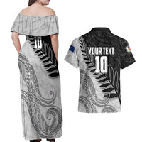 Personalized New Zealand Football Couples Matching Off Shoulder Maxi Dress and Hawaiian Shirt Kiwi Mascot with Silver Fern - Maori Tribal Tattoo Art
