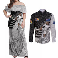 Personalized New Zealand Football Couples Matching Off Shoulder Maxi Dress and Long Sleeve Button Shirt Kiwi Mascot with Silver Fern - Maori Tribal Tattoo Art
