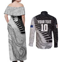 Personalized New Zealand Football Couples Matching Off Shoulder Maxi Dress and Long Sleeve Button Shirt Kiwi Mascot with Silver Fern - Maori Tribal Tattoo Art