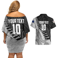 Personalized New Zealand Football Couples Matching Off Shoulder Short Dress and Hawaiian Shirt Kiwi Mascot with Silver Fern - Maori Tribal Tattoo Art