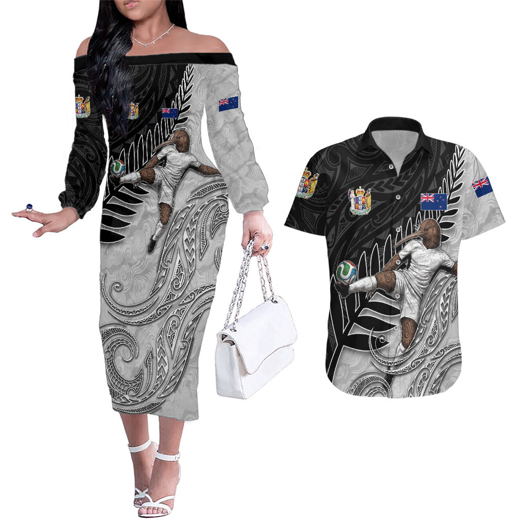 Personalized New Zealand Football Couples Matching Off The Shoulder Long Sleeve Dress and Hawaiian Shirt Kiwi Mascot with Silver Fern - Maori Tribal Tattoo Art