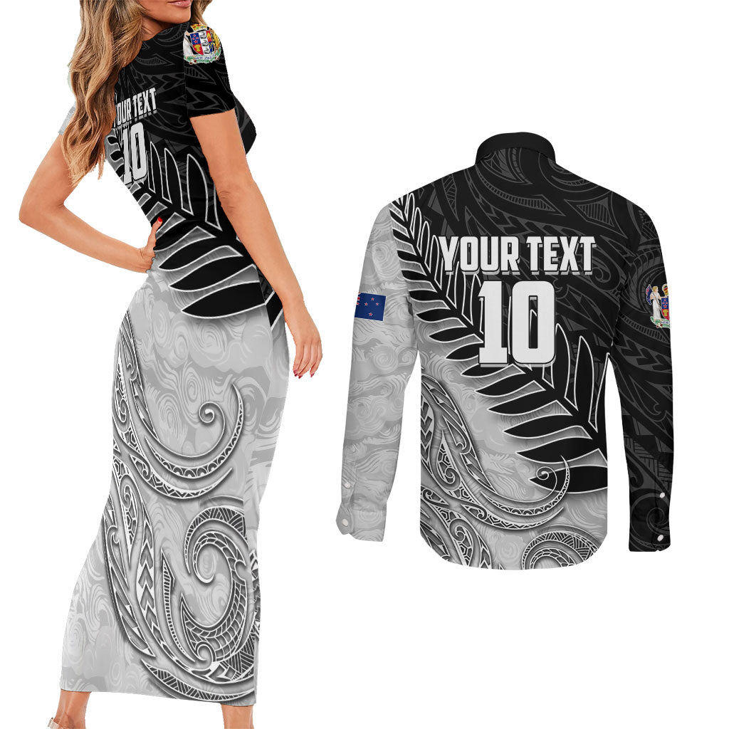 Personalized New Zealand Football Couples Matching Short Sleeve Bodycon Dress and Long Sleeve Button Shirt Kiwi Mascot with Silver Fern - Maori Tribal Tattoo Art