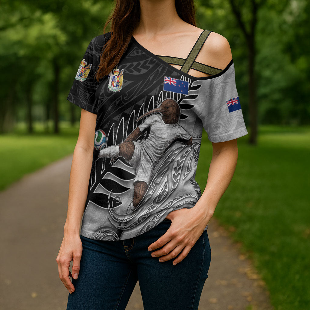 Personalized New Zealand Football Cross Shoulder Shirt Kiwi Mascot with Silver Fern - Maori Tribal Tattoo Art