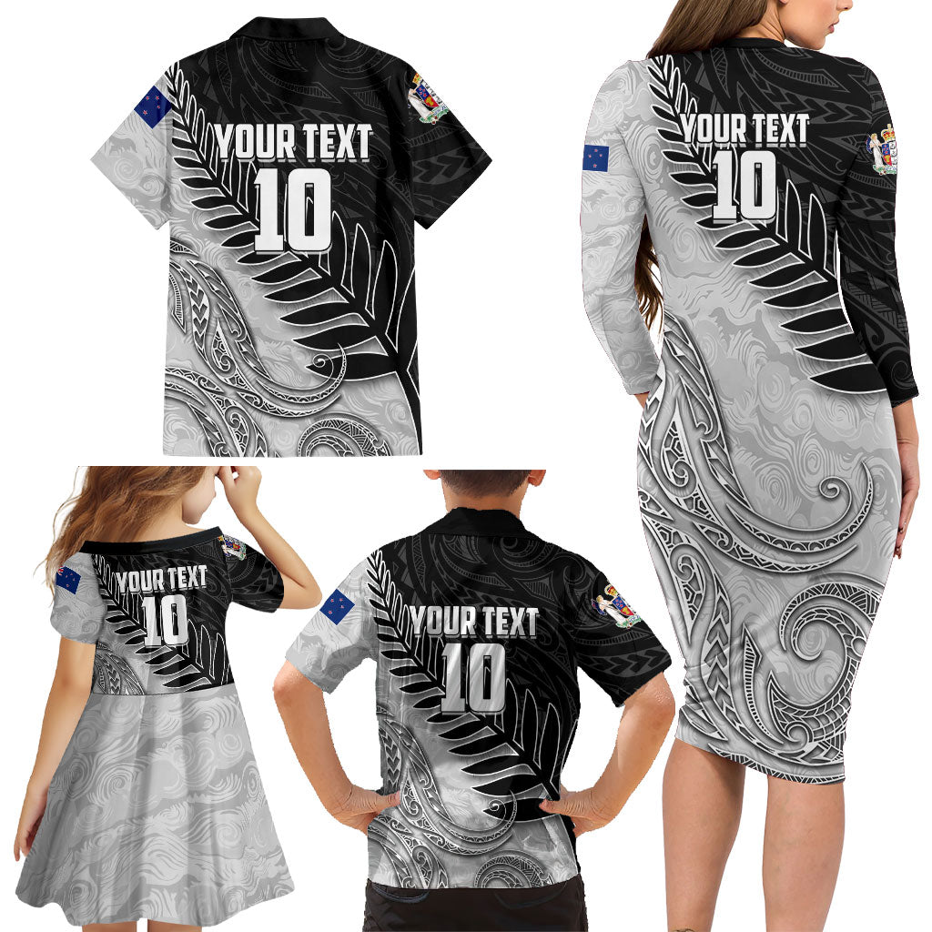 Personalized New Zealand Football Family Matching Long Sleeve Bodycon Dress and Hawaiian Shirt Kiwi Mascot with Silver Fern - Maori Tribal Tattoo Art
