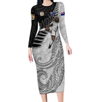 Personalized New Zealand Football Family Matching Long Sleeve Bodycon Dress and Hawaiian Shirt Kiwi Mascot with Silver Fern - Maori Tribal Tattoo Art