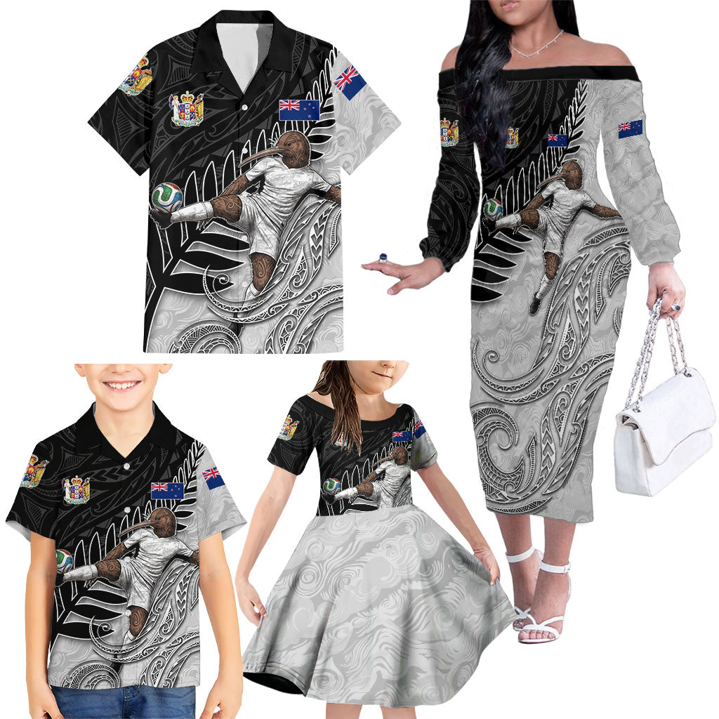 Personalized New Zealand Football Family Matching Off The Shoulder Long Sleeve Dress and Hawaiian Shirt Kiwi Mascot with Silver Fern - Maori Tribal Tattoo Art