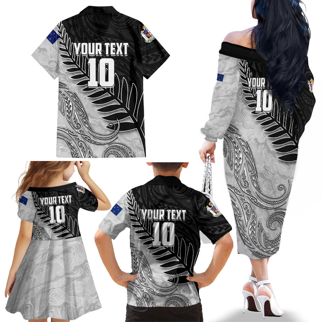 Personalized New Zealand Football Family Matching Off The Shoulder Long Sleeve Dress and Hawaiian Shirt Kiwi Mascot with Silver Fern - Maori Tribal Tattoo Art