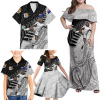 Personalized New Zealand Football Family Matching Off Shoulder Maxi Dress and Hawaiian Shirt Kiwi Mascot with Silver Fern - Maori Tribal Tattoo Art
