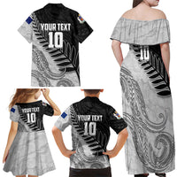 Personalized New Zealand Football Family Matching Off Shoulder Maxi Dress and Hawaiian Shirt Kiwi Mascot with Silver Fern - Maori Tribal Tattoo Art