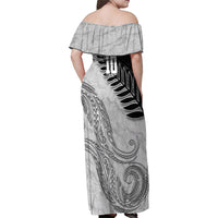 Personalized New Zealand Football Family Matching Off Shoulder Maxi Dress and Hawaiian Shirt Kiwi Mascot with Silver Fern - Maori Tribal Tattoo Art