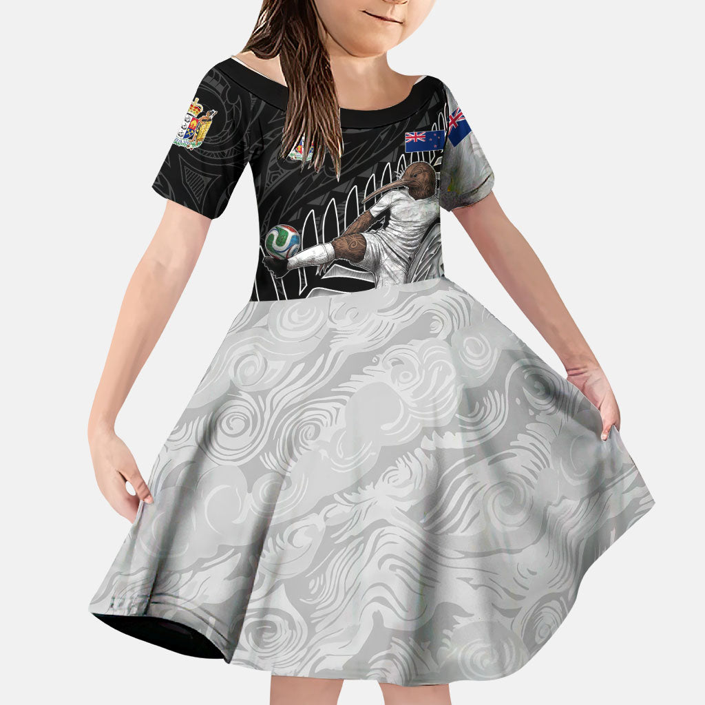 Personalized New Zealand Football Family Matching Off Shoulder Short Dress and Hawaiian Shirt Kiwi Mascot with Silver Fern - Maori Tribal Tattoo Art