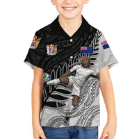 Personalized New Zealand Football Family Matching Off Shoulder Short Dress and Hawaiian Shirt Kiwi Mascot with Silver Fern - Maori Tribal Tattoo Art