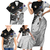 Personalized New Zealand Football Family Matching Short Sleeve Bodycon Dress and Hawaiian Shirt Kiwi Mascot with Silver Fern - Maori Tribal Tattoo Art