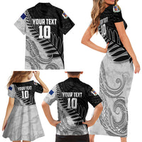 Personalized New Zealand Football Family Matching Short Sleeve Bodycon Dress and Hawaiian Shirt Kiwi Mascot with Silver Fern - Maori Tribal Tattoo Art
