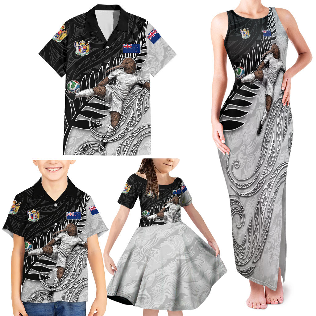 Personalized New Zealand Football Family Matching Tank Maxi Dress and Hawaiian Shirt Kiwi Mascot with Silver Fern - Maori Tribal Tattoo Art