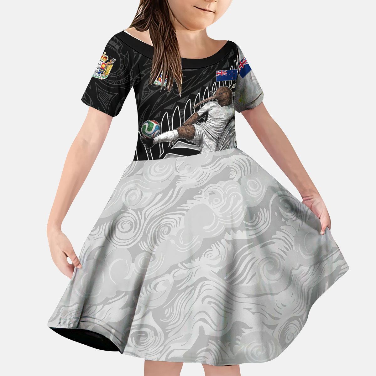 Personalized New Zealand Football Kid Short Sleeve Dress Kiwi Mascot with Silver Fern - Maori Tribal Tattoo Art
