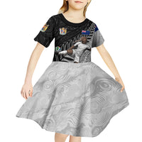 Personalized New Zealand Football Kid Short Sleeve Dress Kiwi Mascot with Silver Fern - Maori Tribal Tattoo Art