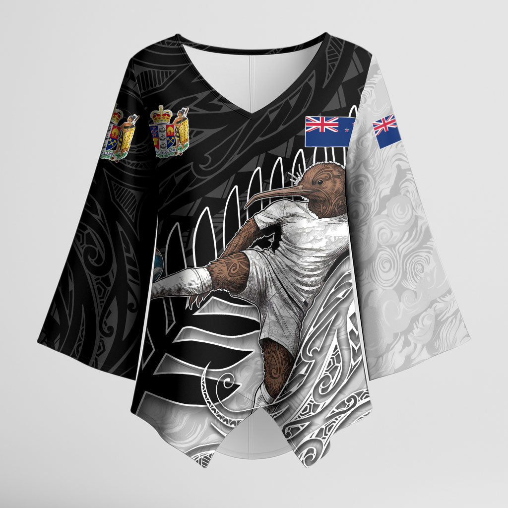 Personalized New Zealand Football Kimono Sleeve Blouse Kiwi Mascot with Silver Fern - Maori Tribal Tattoo Art