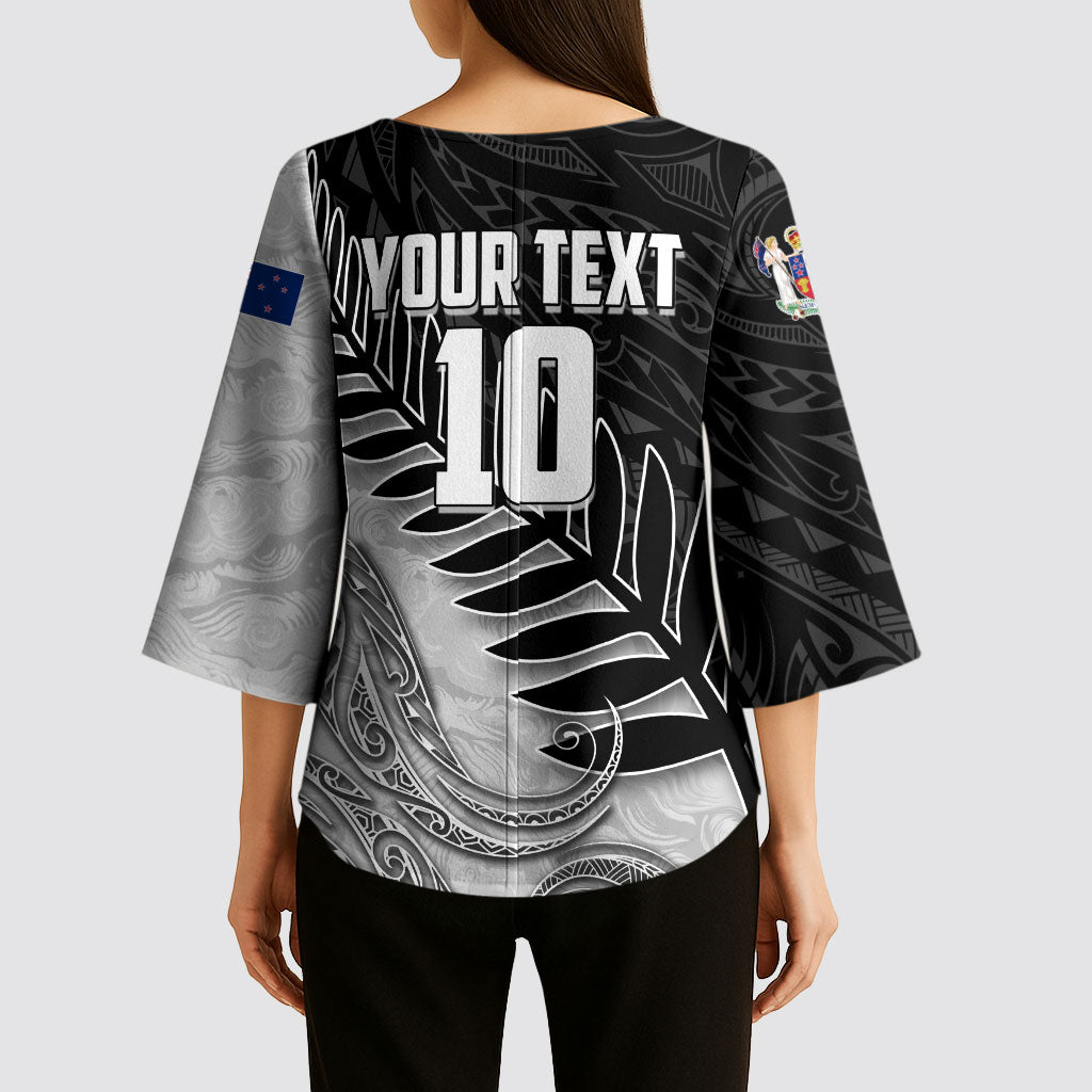Personalized New Zealand Football Kimono Sleeve Blouse Kiwi Mascot with Silver Fern - Maori Tribal Tattoo Art