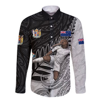 Personalized New Zealand Football Long Sleeve Button Shirt Kiwi Mascot with Silver Fern - Maori Tribal Tattoo Art