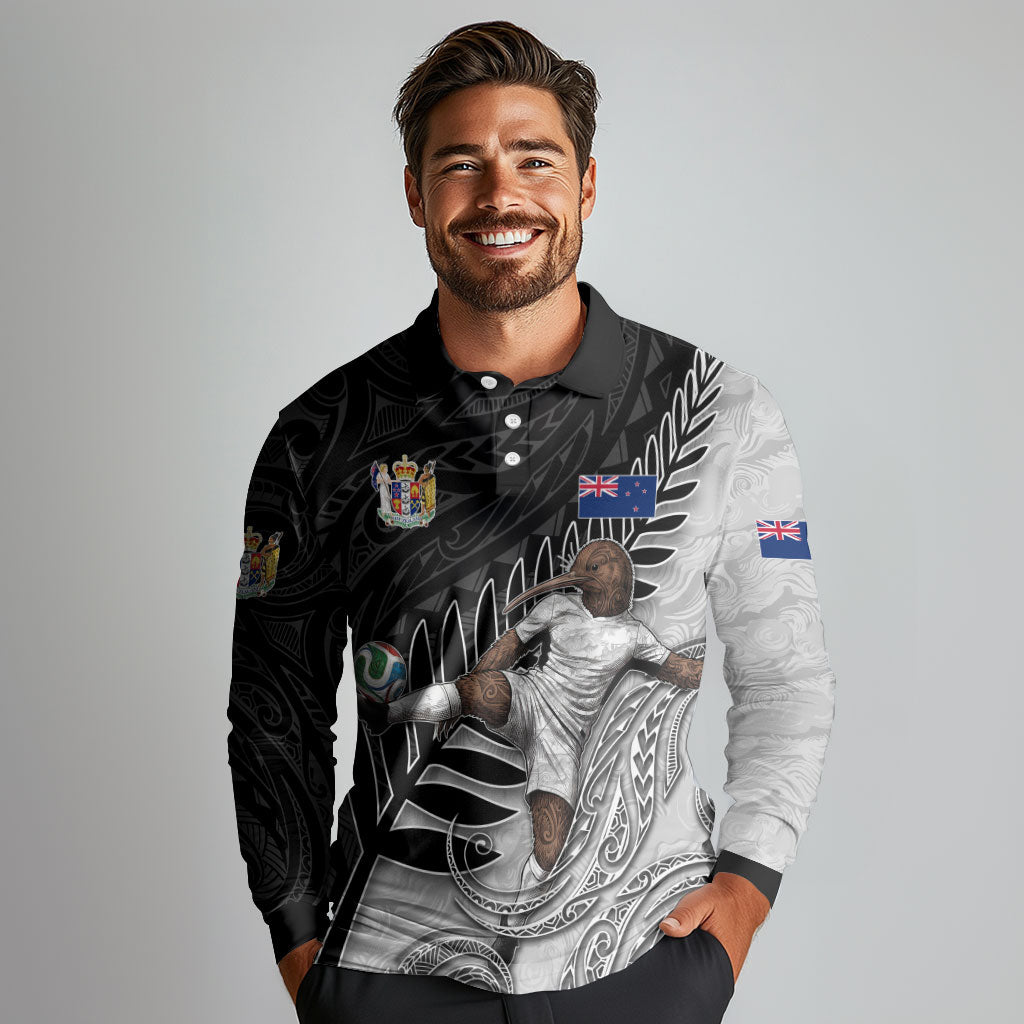 Personalized New Zealand Football Long Sleeve Polo Shirt Kiwi Mascot with Silver Fern - Maori Tribal Tattoo Art