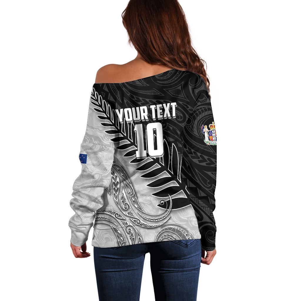 Personalized New Zealand Football Off Shoulder Sweater Kiwi Mascot with Silver Fern - Maori Tribal Tattoo Art