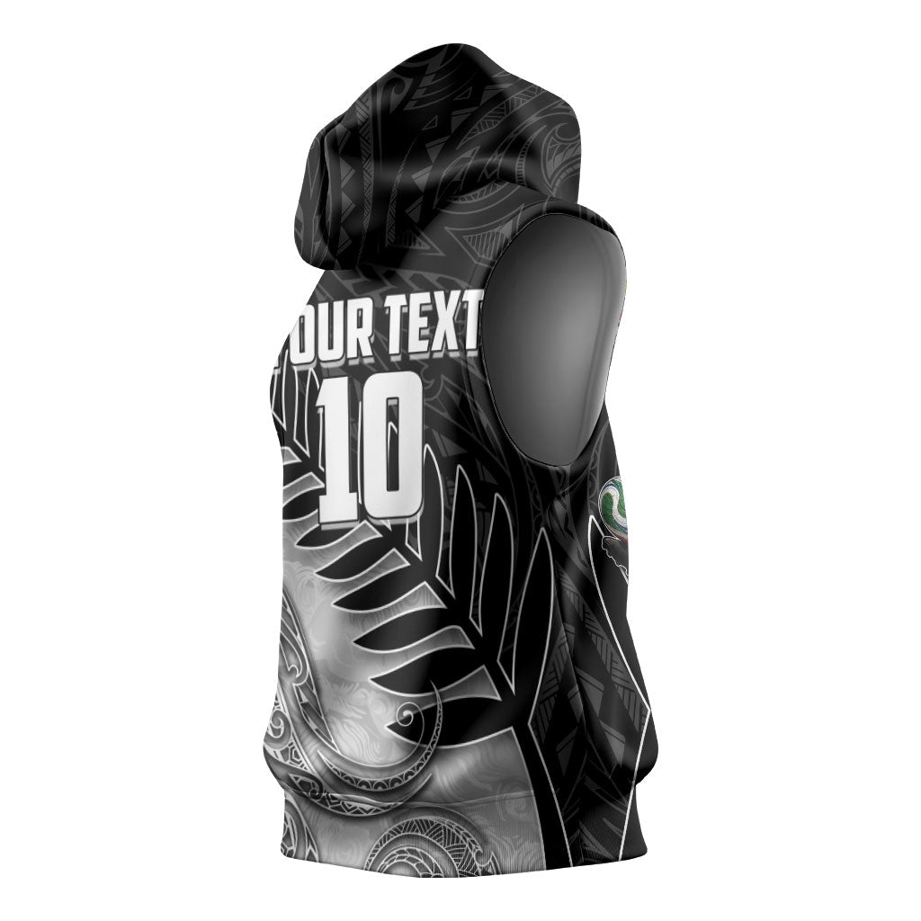 Personalized New Zealand Football Sleeveless Hoodie Kiwi Mascot with Silver Fern - Maori Tribal Tattoo Art
