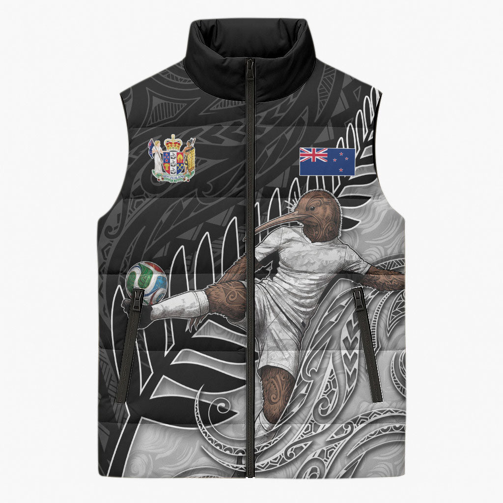 Personalized New Zealand Football Sleeveless Puffer Jacket Kiwi Mascot with Silver Fern - Maori Tribal Tattoo Art