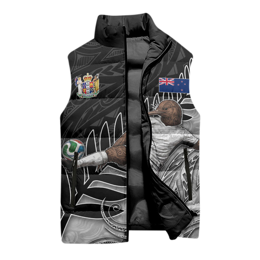 Personalized New Zealand Football Sleeveless Puffer Jacket Kiwi Mascot with Silver Fern - Maori Tribal Tattoo Art