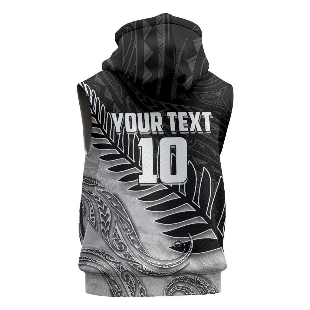 Personalized New Zealand Football Sleeveless Zip Hoodie Kiwi Mascot with Silver Fern - Maori Tribal Tattoo Art