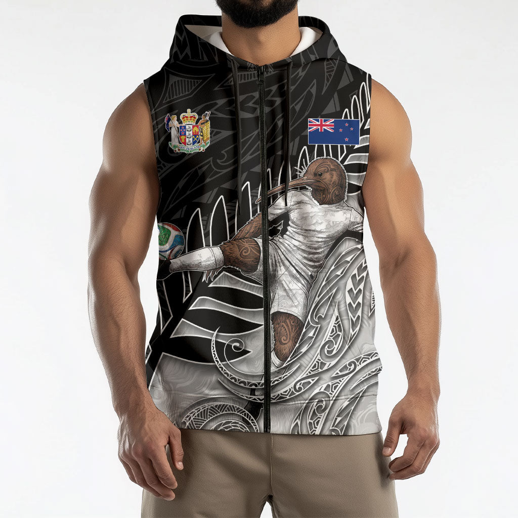 Personalized New Zealand Football Sleeveless Zip Hoodie Kiwi Mascot with Silver Fern - Maori Tribal Tattoo Art
