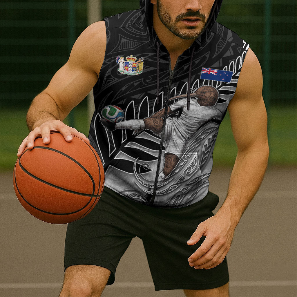 Personalized New Zealand Football Sleeveless Zip Hoodie Kiwi Mascot with Silver Fern - Maori Tribal Tattoo Art
