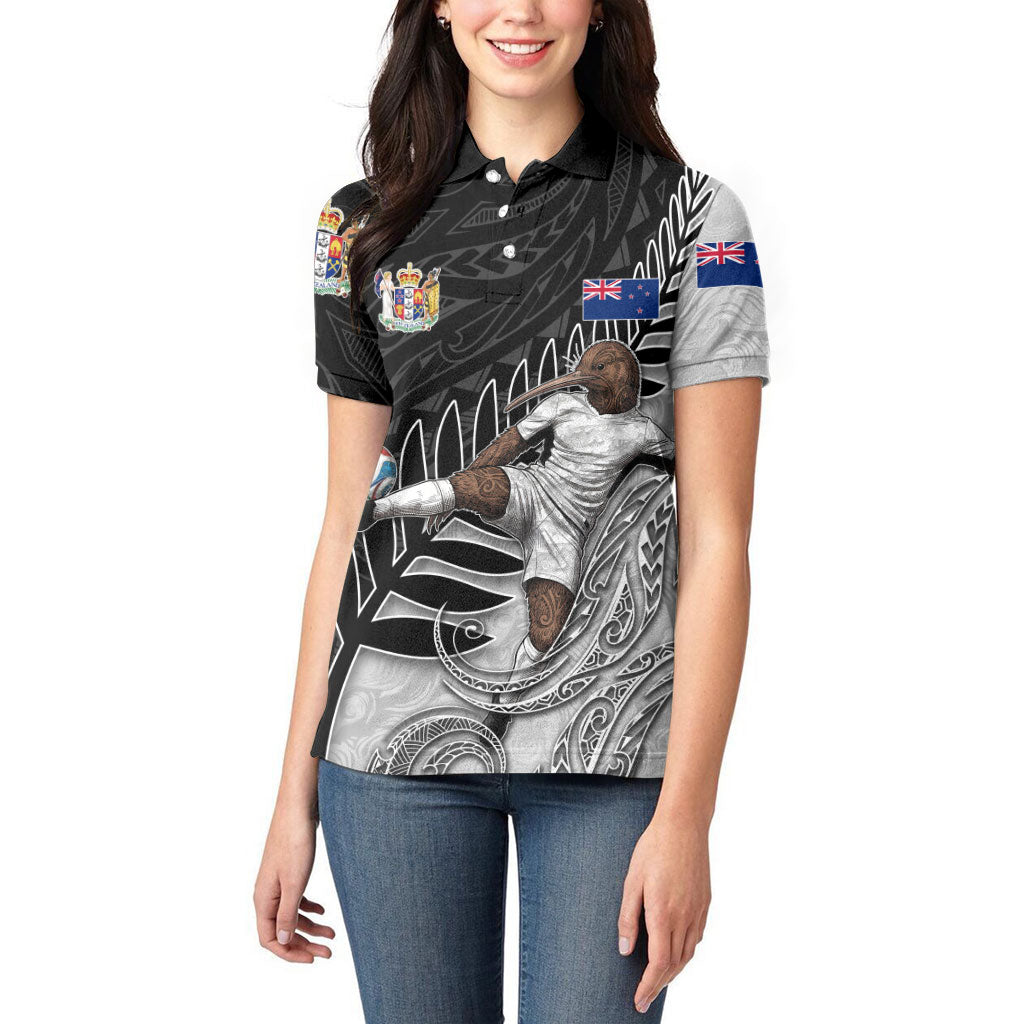 Personalized New Zealand Football Women Polo Shirt Kiwi Mascot with Silver Fern - Maori Tribal Tattoo Art
