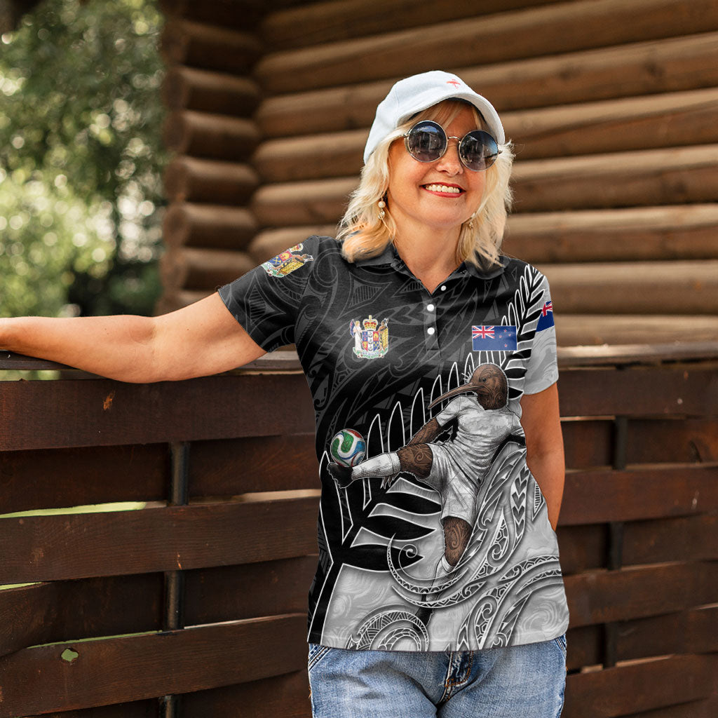 Personalized New Zealand Football Women Polo Shirt Kiwi Mascot with Silver Fern - Maori Tribal Tattoo Art