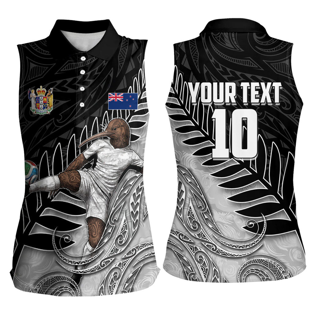 Personalized New Zealand Football Women Sleeveless Polo Shirt Kiwi Mascot with Silver Fern - Maori Tribal Tattoo Art