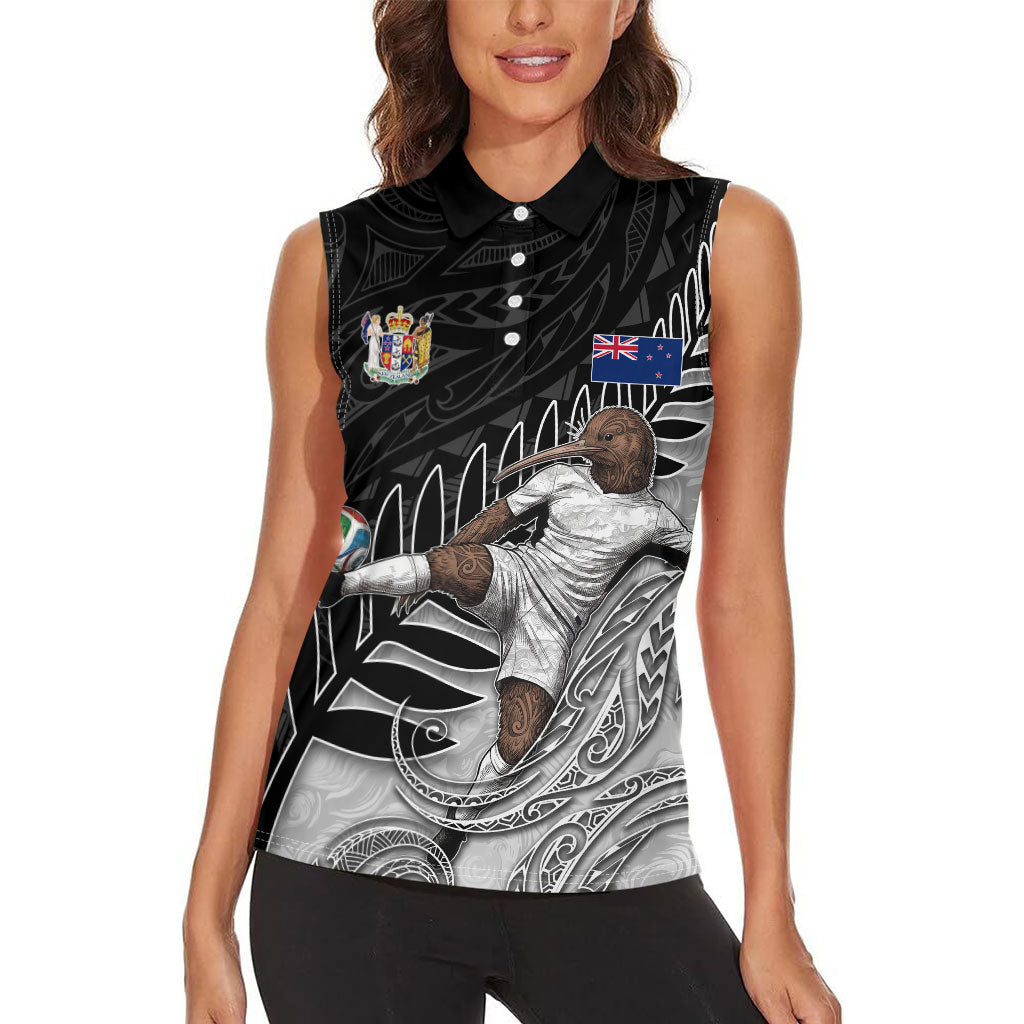 Personalized New Zealand Football Women Sleeveless Polo Shirt Kiwi Mascot with Silver Fern - Maori Tribal Tattoo Art