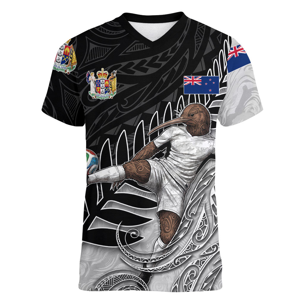 Personalized New Zealand Football Women V-Neck T-Shirt Kiwi Mascot with Silver Fern - Maori Tribal Tattoo Art