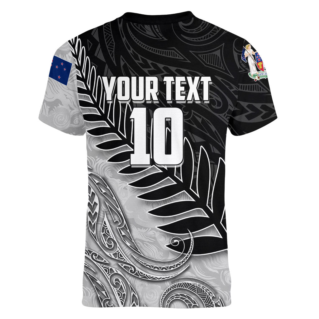 Personalized New Zealand Football Women V-Neck T-Shirt Kiwi Mascot with Silver Fern - Maori Tribal Tattoo Art