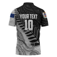 Personalized New Zealand Football Zipper Polo Shirt Kiwi Mascot with Silver Fern - Maori Tribal Tattoo Art