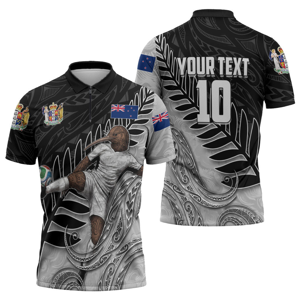 Personalized New Zealand Football Zipper Polo Shirt Kiwi Mascot with Silver Fern - Maori Tribal Tattoo Art