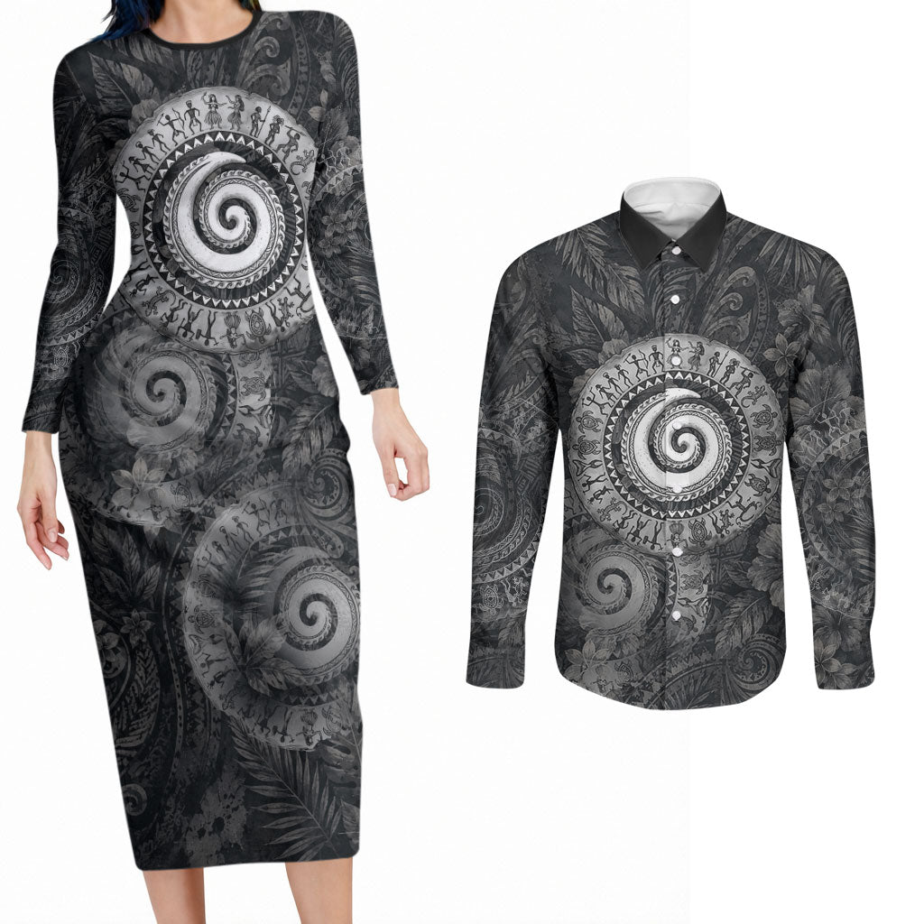 Hawaiian Piko Couples Matching Long Sleeve Bodycon Dress and Long Sleeve Button Shirt Cultural Anchor Connect Your Roots Ocean Waves