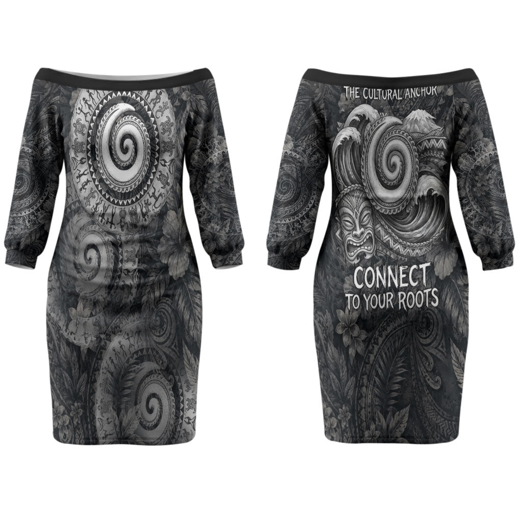 Hawaiian Piko Couples Matching Off The Shoulder Long Sleeve Dress and Long Sleeve Button Shirt Cultural Anchor Connect Your Roots Ocean Waves