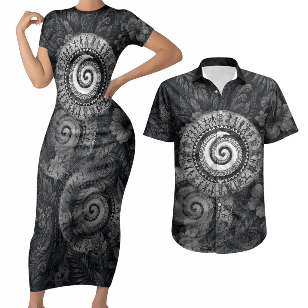 Hawaiian Piko Couples Matching Short Sleeve Bodycon Dress and Hawaiian Shirt Cultural Anchor Connect Your Roots Ocean Waves TS04 Black Grey - Polynesian Pride