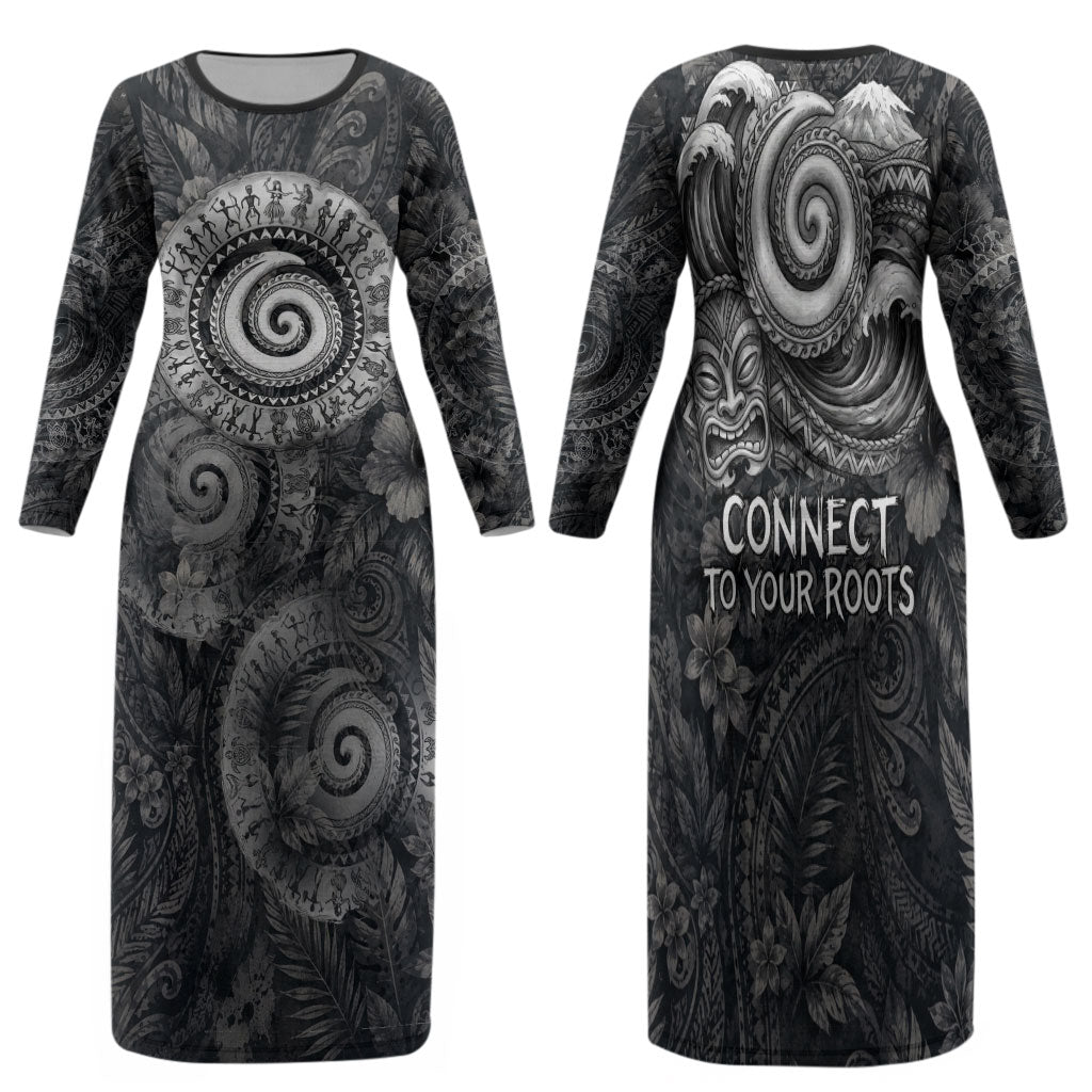 Hawaiian Piko Family Matching Long Sleeve Bodycon Dress and Hawaiian Shirt Cultural Anchor Connect Your Roots Ocean Waves