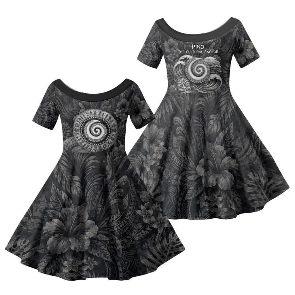 Hawaiian Piko Family Matching Off The Shoulder Long Sleeve Dress and Hawaiian Shirt Cultural Anchor Connect Your Roots Ocean Waves