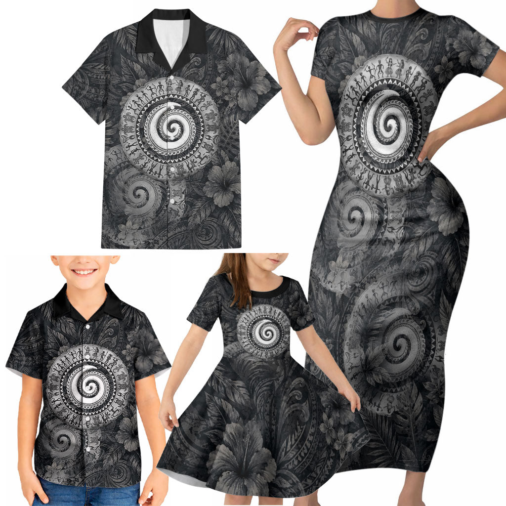 Hawaiian Piko Family Matching Short Sleeve Bodycon Dress and Hawaiian Shirt Cultural Anchor Connect Your Roots Ocean Waves