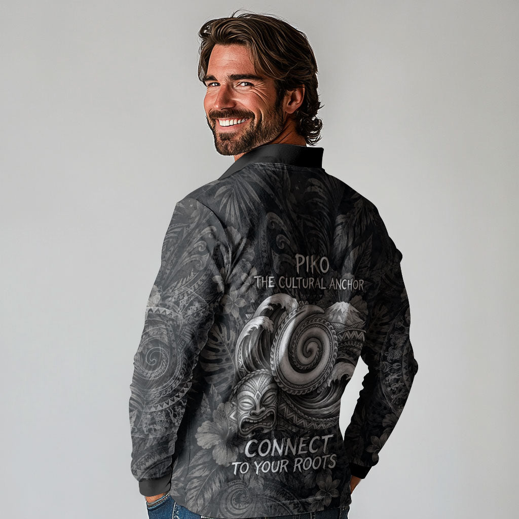 Hawaiian Piko Long Sleeve Polo Shirt Cultural Anchor Connect Your Roots Ocean Waves