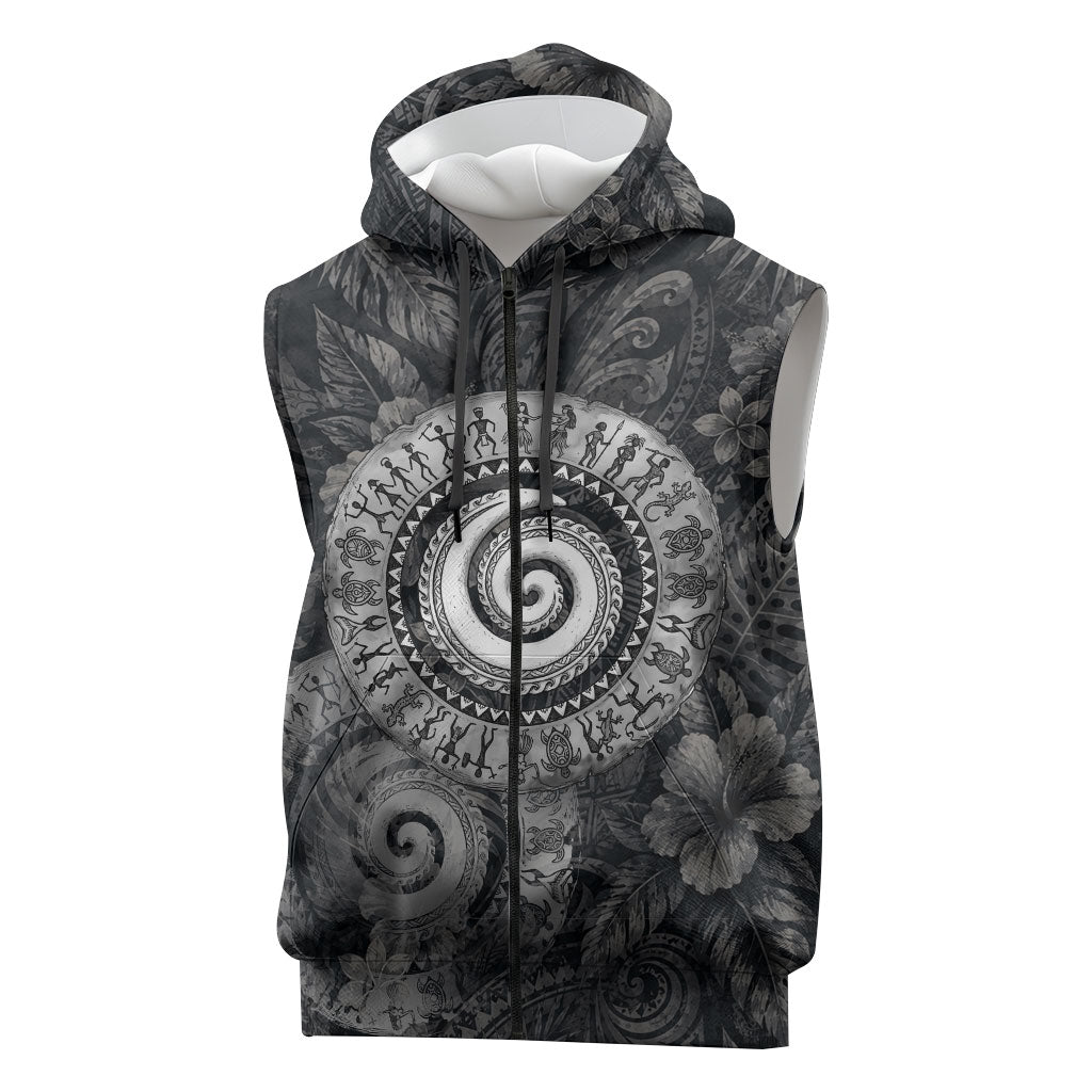 Hawaiian Piko Sleeveless Zip Hoodie Cultural Anchor Connect Your Roots Ocean Waves TS04 Black Grey - Polynesian Pride