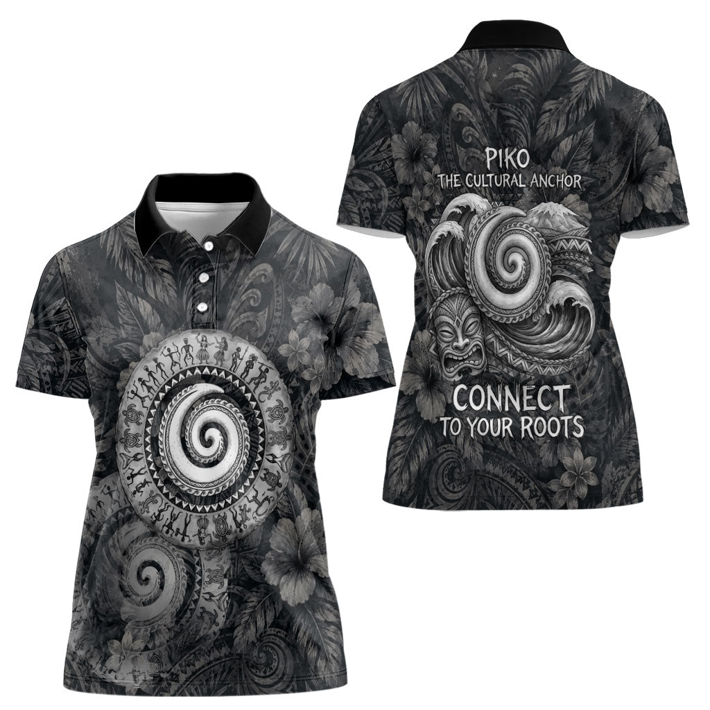 Hawaiian Piko Women Polo Shirt Cultural Anchor Connect Your Roots Ocean Waves