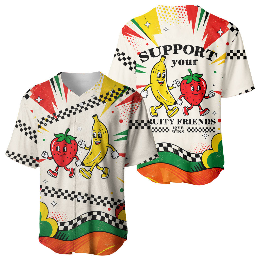 Support Your Fruity Friends Love Wins Gay Pride Baseball Jersey LGBTQ Retro 30s Cartoon Checkered